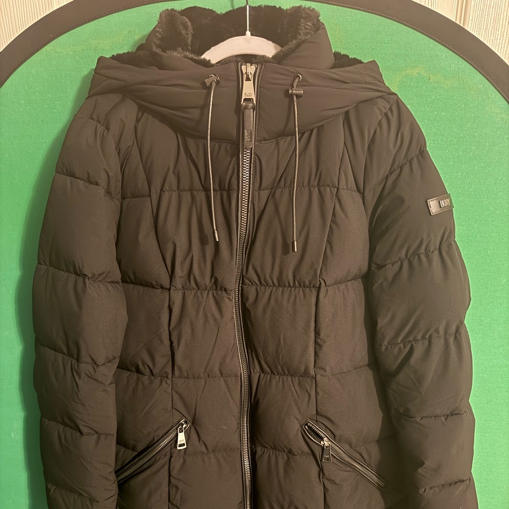 DKNY Black Faux-Fur-Trim Hooded Puffer Coat Women's Size L